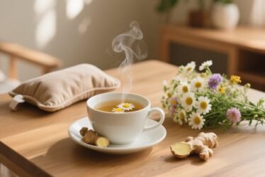 Cup of ginger and chamomile tea with warm compress and flowers for menstrual cramps