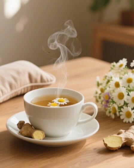 Cup of ginger and chamomile tea with warm compress and flowers for menstrual cramps