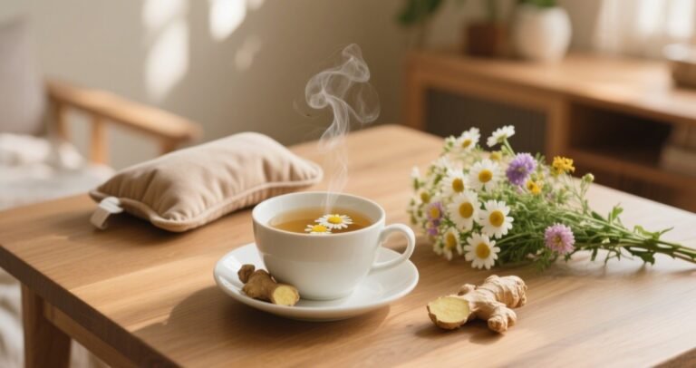 Cup of ginger and chamomile tea with warm compress and flowers for menstrual cramps