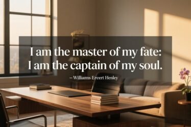 Quote image in a warm modern home office with orchid, text overlay reads: “I am the master of my fate: I am the captain of my soul.” — William Ernest Henley