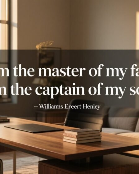 Quote image in a warm modern home office with orchid, text overlay reads: “I am the master of my fate: I am the captain of my soul.” — William Ernest Henley