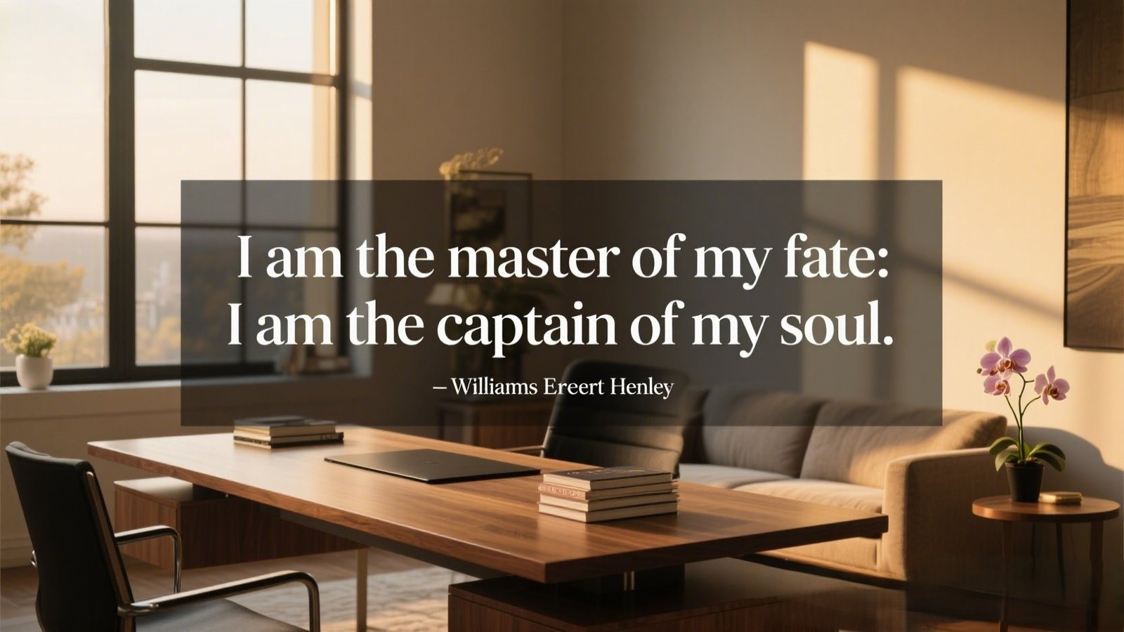 Quote image in a warm modern home office with orchid, text overlay reads: “I am the master of my fate: I am the captain of my soul.” — William Ernest Henley