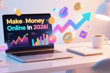 Vibrant digital workspace with laptop, charts, revenue icons, and text overlay ‘Make Money Online in 2026’ for online creators