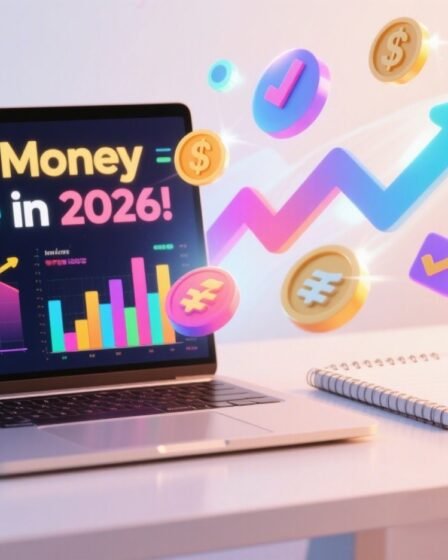 Vibrant digital workspace with laptop, charts, revenue icons, and text overlay ‘Make Money Online in 2026’ for online creators