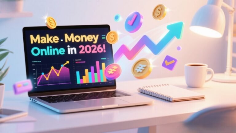 Vibrant digital workspace with laptop, charts, revenue icons, and text overlay ‘Make Money Online in 2026’ for online creators