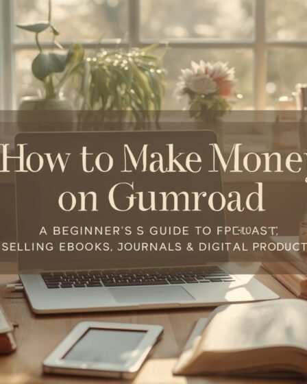 Inspirational digital workspace with laptop, prayer books, journals, and an ebook, representing selling digital products on Gumroad.