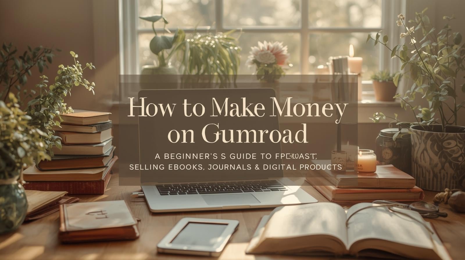 Inspirational digital workspace with laptop, prayer books, journals, and an ebook, representing selling digital products on Gumroad.