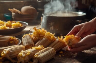 Freshly made tamales wrapped in corn husks on a rustic wooden table, some unwrapped to show chicken, cheese, and pineapple fillings, with a steaming pot in the background.