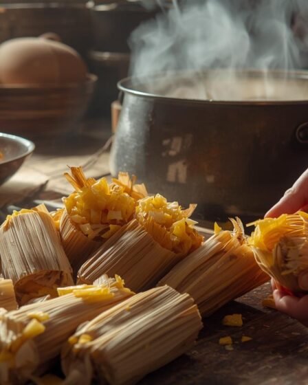 Freshly made tamales wrapped in corn husks on a rustic wooden table, some unwrapped to show chicken, cheese, and pineapple fillings, with a steaming pot in the background.