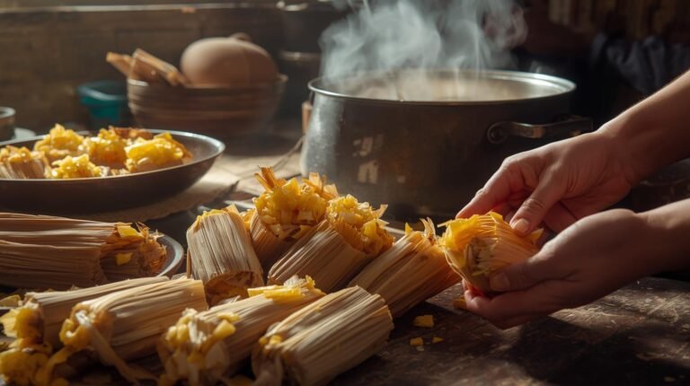 Freshly made tamales wrapped in corn husks on a rustic wooden table, some unwrapped to show chicken, cheese, and pineapple fillings, with a steaming pot in the background.