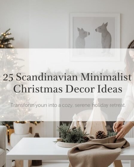 Brunette woman arranging Scandinavian minimalist Christmas decor with white text box reading “25 Scandinavian Minimalist Christmas Decor Ideas — Transform your home into a cozy, serene holiday retreat