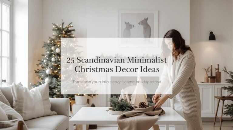 Brunette woman arranging Scandinavian minimalist Christmas decor with white text box reading “25 Scandinavian Minimalist Christmas Decor Ideas — Transform your home into a cozy, serene holiday retreat