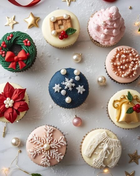 Glam Christmas cupcakes decorated with elegant buttercream designs, wreaths, poinsettias, snowflakes, and festive holiday details