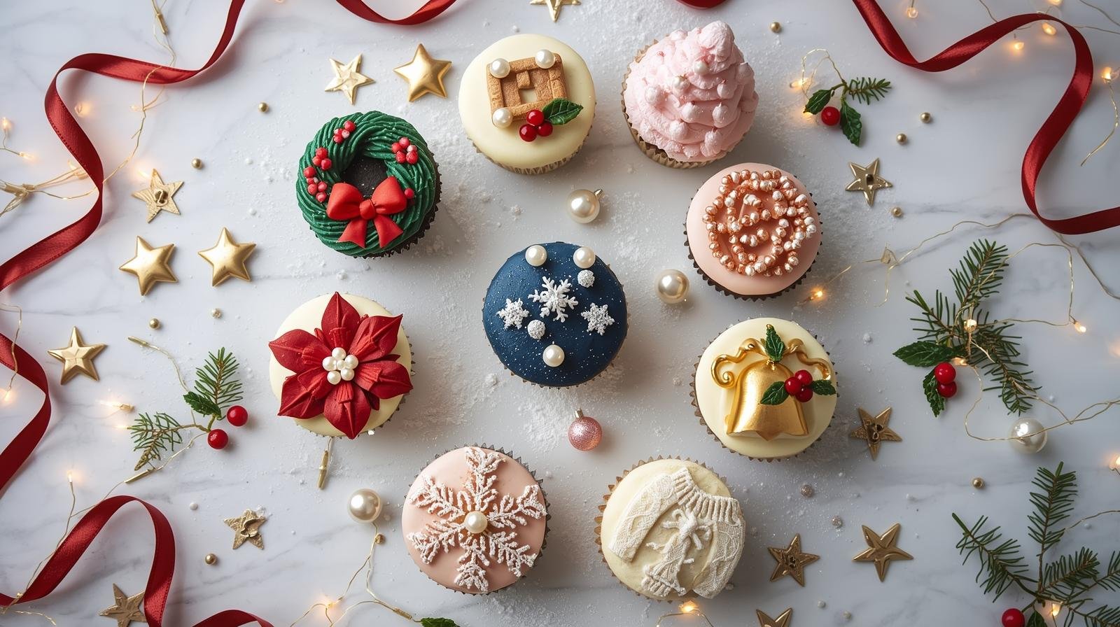 Glam Christmas cupcakes decorated with elegant buttercream designs, wreaths, poinsettias, snowflakes, and festive holiday details