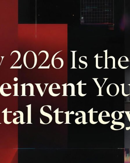 Elegant modern graphic with the headline “Why 2026 Is the Year to Reinvent Your Digital Strategy,” featuring cinematic colors and a tech-inspired design.