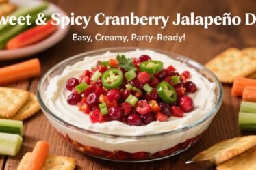 Layered cranberry jalapeño cream cheese dip in a clear glass dish, with cream cheese on the bottom and chopped cranberry-jalapeño mixture on top, garnished with green onions, served with crackers