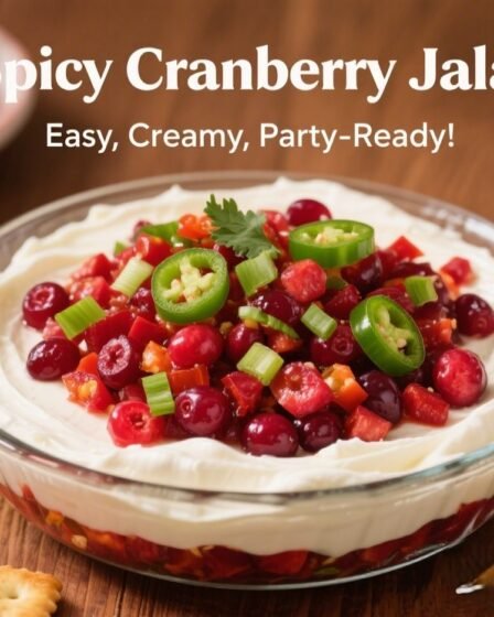 Layered cranberry jalapeño cream cheese dip in a clear glass dish, with cream cheese on the bottom and chopped cranberry-jalapeño mixture on top, garnished with green onions, served with crackers