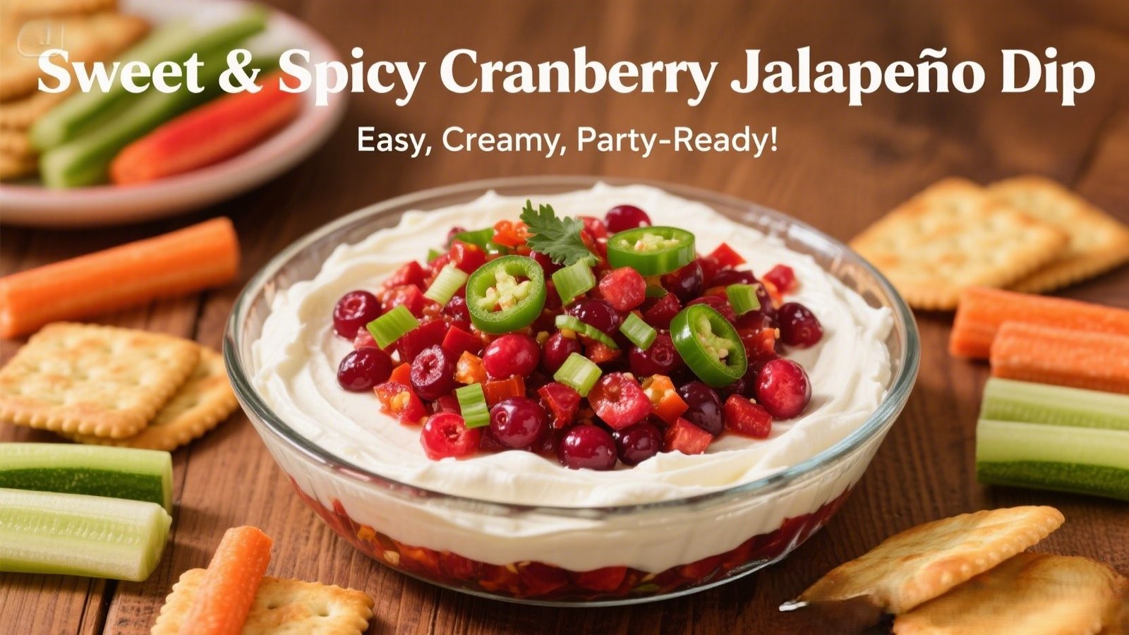 Layered cranberry jalapeño cream cheese dip in a clear glass dish, with cream cheese on the bottom and chopped cranberry-jalapeño mixture on top, garnished with green onions, served with crackers