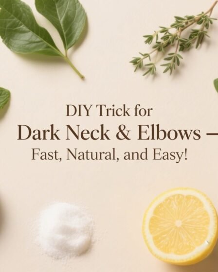 Before and after comparison of a neck with dark patches and the same neck after using a natural DIY remedy with baking soda, toothpaste, and lemon juice.