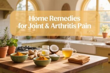 Home remedies for joint and arthritis pain displayed on a warm kitchen butcher block with turmeric, ginger, Epsom salts, coconut oil, and herbal compresses.