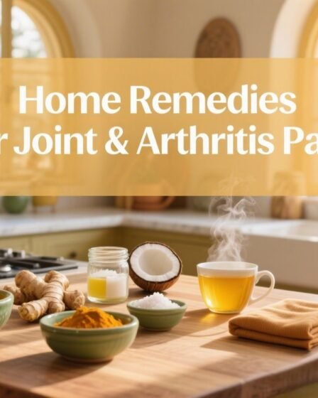 Home remedies for joint and arthritis pain displayed on a warm kitchen butcher block with turmeric, ginger, Epsom salts, coconut oil, and herbal compresses.