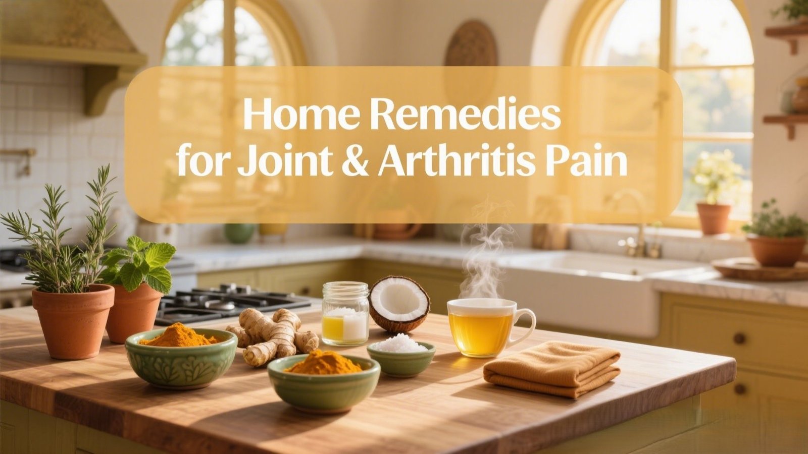 Home remedies for joint and arthritis pain displayed on a warm kitchen butcher block with turmeric, ginger, Epsom salts, coconut oil, and herbal compresses.