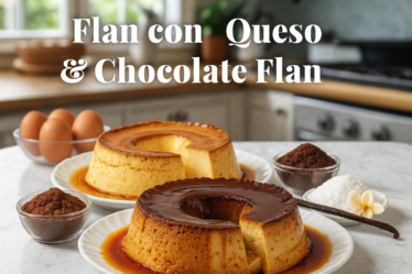 Cream Cheese Flan and Chocolate Flan on plates with caramel dripping, surrounded by baking ingredients, creamy and glossy dessert
