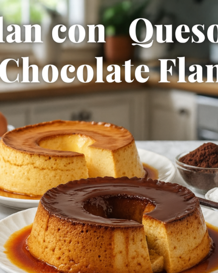 Cream Cheese Flan and Chocolate Flan on plates with caramel dripping, surrounded by baking ingredients, creamy and glossy dessert