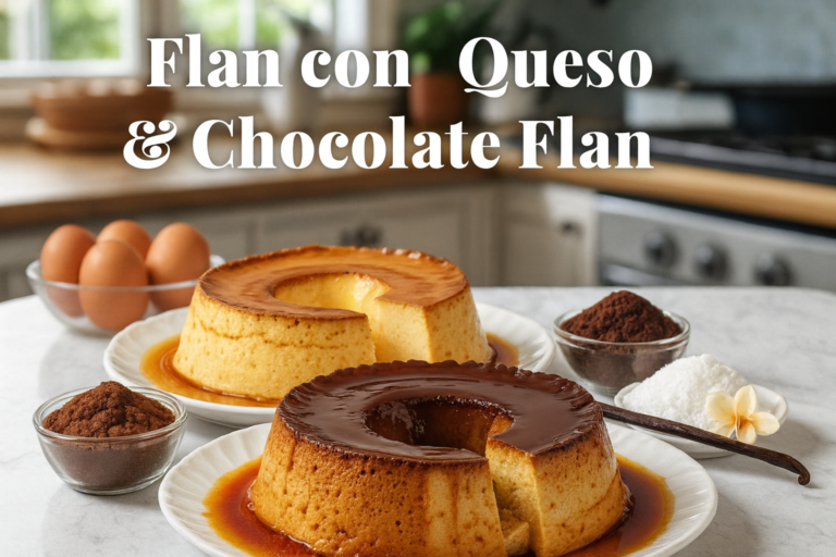 Cream Cheese Flan and Chocolate Flan on plates with caramel dripping, surrounded by baking ingredients, creamy and glossy dessert