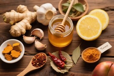 Flat-lay of Flu Bomb ingredients including garlic, ginger, lemon, honey, cayenne, turmeric, and apple cider vinegar on a rustic table.