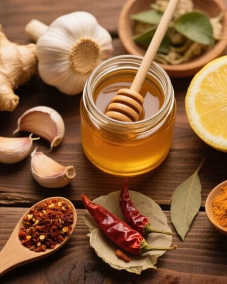 Flat-lay of Flu Bomb ingredients including garlic, ginger, lemon, honey, cayenne, turmeric, and apple cider vinegar on a rustic table.