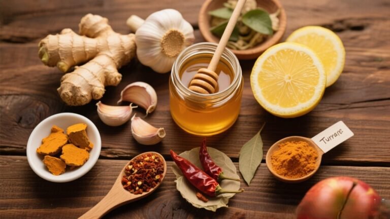 Flat-lay of Flu Bomb ingredients including garlic, ginger, lemon, honey, cayenne, turmeric, and apple cider vinegar on a rustic table.