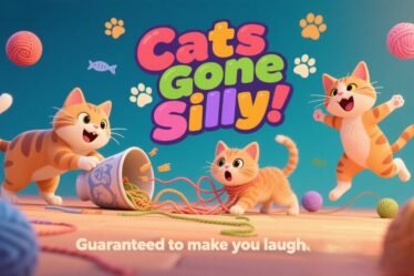 Playful and silly cats in various funny poses: jumping, tangled in yarn, and making goofy faces, illustrated in a vibrant, humorous style.