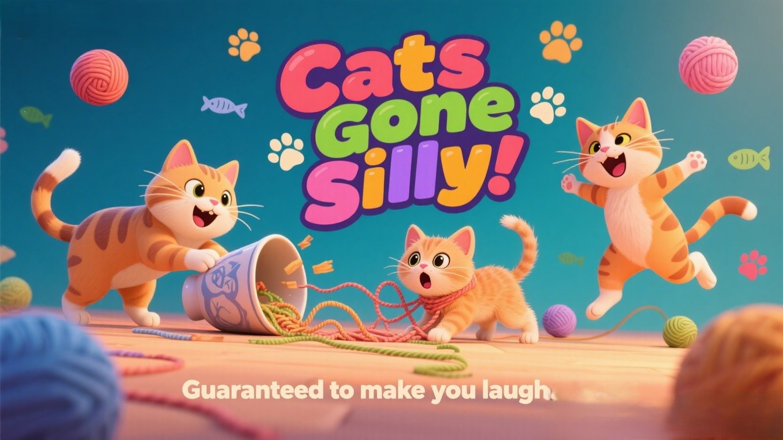 Playful and silly cats in various funny poses: jumping, tangled in yarn, and making goofy faces, illustrated in a vibrant, humorous style.