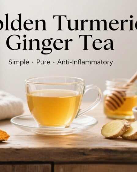Clear glass mug of turmeric ginger golden tea on a rustic wooden countertop with fresh turmeric, ginger, and honey — anti-inflammatory wellness drink.