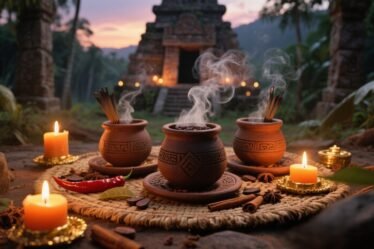 Ancient Aztec and Maya hot chocolate ritual with clay vessels, steaming cacao, spices, and glowing candlelight.
