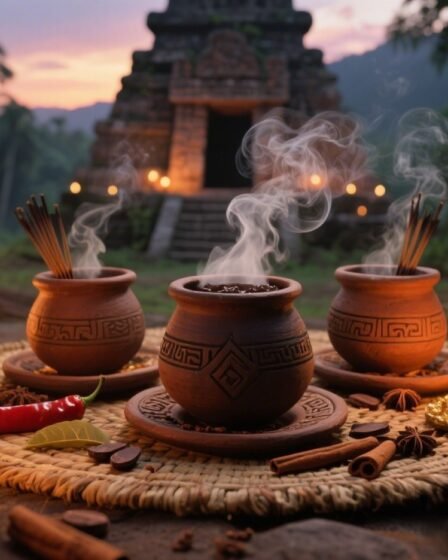 Ancient Aztec and Maya hot chocolate ritual with clay vessels, steaming cacao, spices, and glowing candlelight.