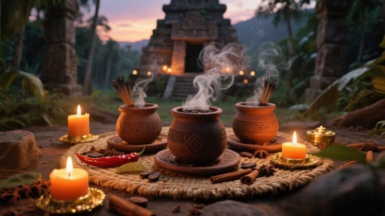 Ancient Aztec and Maya hot chocolate ritual with clay vessels, steaming cacao, spices, and glowing candlelight.