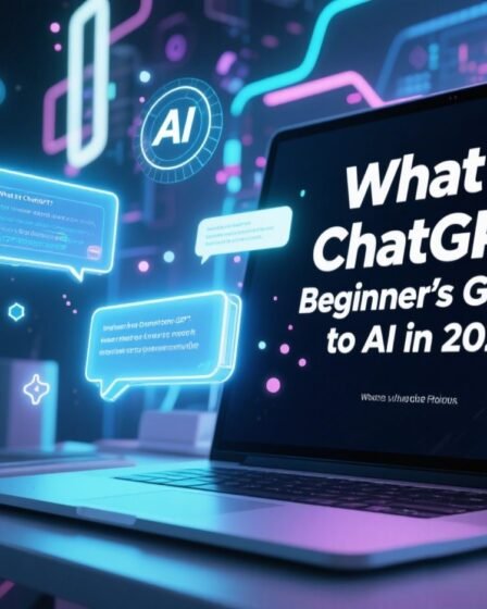Modern digital workspace with an open laptop, glowing AI chat bubbles, and abstract digital graphics, with text overlay ‘What is ChatGPT? Beginner’s Guide to AI in 2026’. Bright, futuristic, and engaging for online creators.