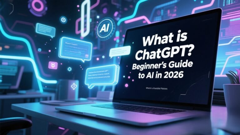 Modern digital workspace with an open laptop, glowing AI chat bubbles, and abstract digital graphics, with text overlay ‘What is ChatGPT? Beginner’s Guide to AI in 2026’. Bright, futuristic, and engaging for online creators.
