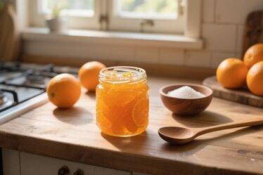 Jar of homemade orange marmalade on a rustic wooden counter with fresh oranges and sunlight — healthy, natural beauty recipe.