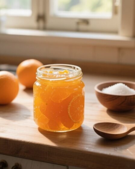 Jar of homemade orange marmalade on a rustic wooden counter with fresh oranges and sunlight — healthy, natural beauty recipe.