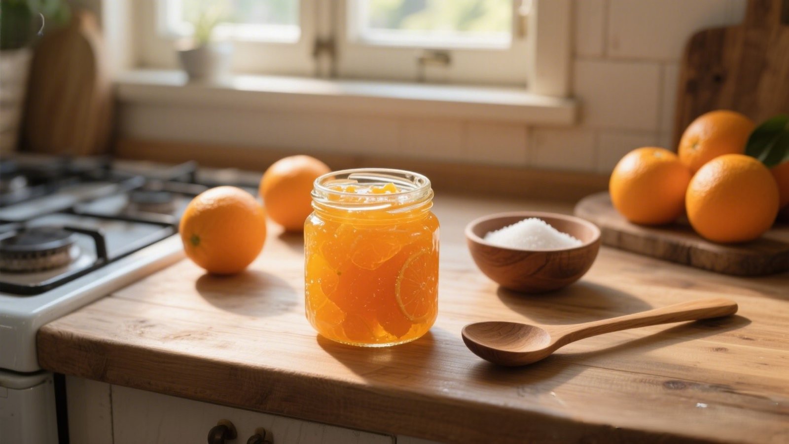 Jar of homemade orange marmalade on a rustic wooden counter with fresh oranges and sunlight — healthy, natural beauty recipe.