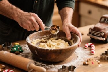 Flat vintage pickup truck sugar cookie decorated with red and green icing, surrounded by Christmas sugar cookies on a rustic wooden table.