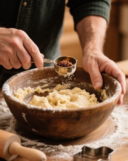 Flat vintage pickup truck sugar cookie decorated with red and green icing, surrounded by Christmas sugar cookies on a rustic wooden table.