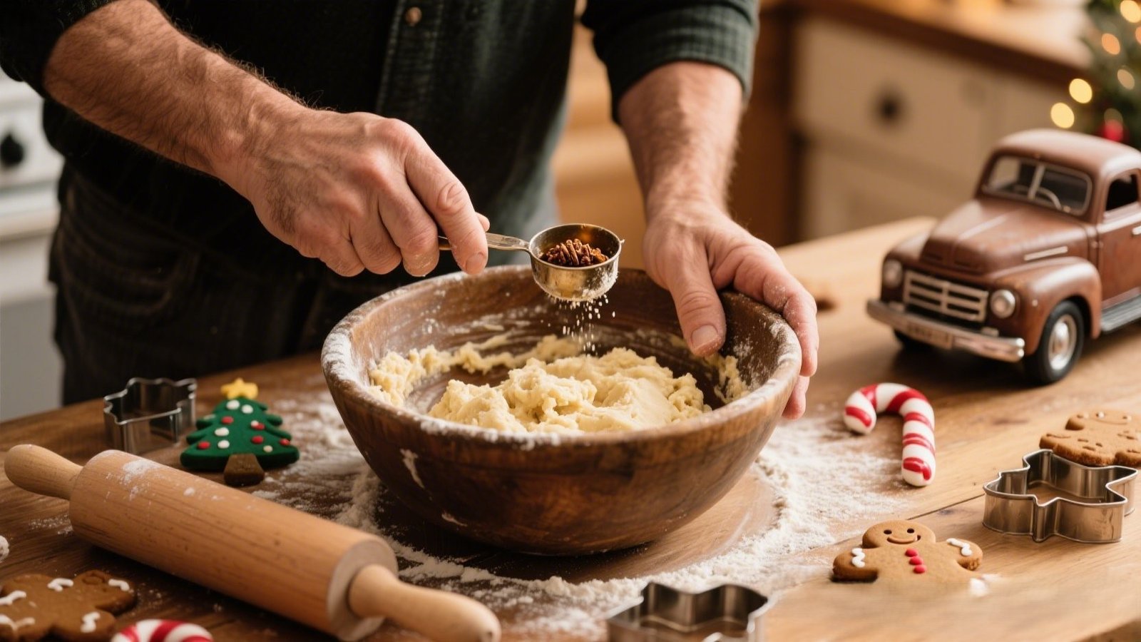 Flat vintage pickup truck sugar cookie decorated with red and green icing, surrounded by Christmas sugar cookies on a rustic wooden table.