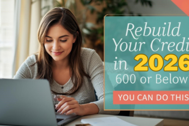 Brunette woman of neutral ethnicity reviewing finances at home desk, rebuilding credit with score 600 or below in 2026