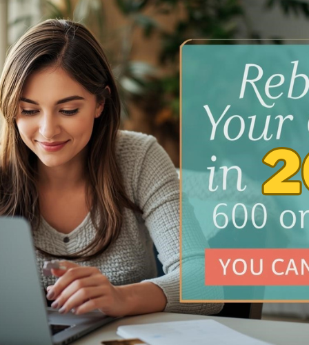 Brunette woman of neutral ethnicity reviewing finances at home desk, rebuilding credit with score 600 or below in 2026