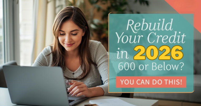 Brunette woman of neutral ethnicity reviewing finances at home desk, rebuilding credit with score 600 or below in 2026