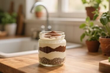 Layered tiramisu chia pudding in a clear jar with coffee layer, creamy coconut yogurt topping, and cocoa dusting — vegan, high-protein